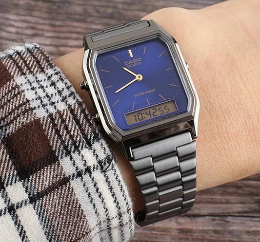 AQ-230 | RELOJ CASIO ORIGINAL DE ACERO PLATEADO AZUL CUARZO/DIGITAL | CAS-273, CAS-114, CAS-115, CAS-116, CAS-117, CAS-119