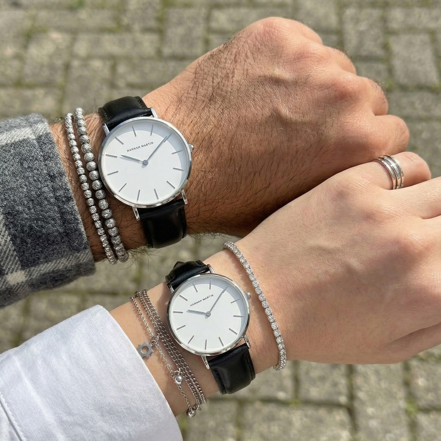 RELOJ HANNAH MARTIN ORIGINAL PARA PAREJA: "BLACK & WHITE LEATHER" | HAN-17/ HAN-18