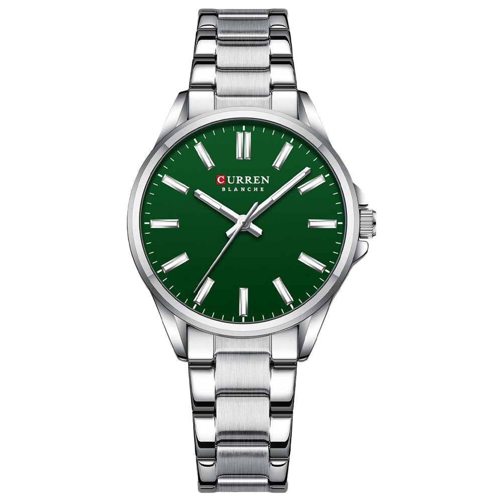 RELOJ CURREN ORIGINAL ELEGANTE PLATEADO CON VERDE PARA MUJER | CUR-104