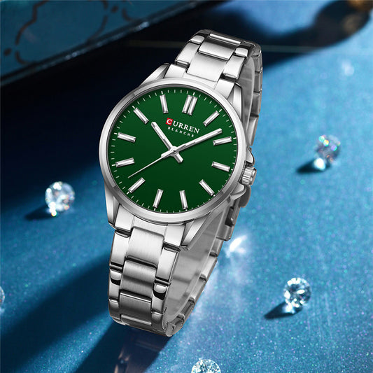 RELOJ CURREN ORIGINAL ELEGANTE PLATEADO CON VERDE PARA MUJER | CUR-104