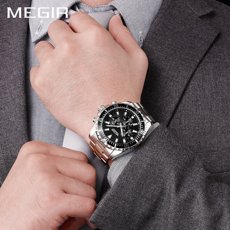 RELOJ MEGIR - 2064 - ELEGANTE PLATA Y NEGRO | MEG-8 | MEG-9 | MEG-44