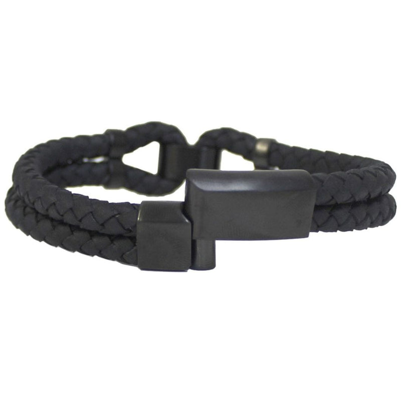 BRAZALETE DE CUERO GENUINO NEGRO DE DOBLE CAPA PARA HOMBRE  |  BRA-32