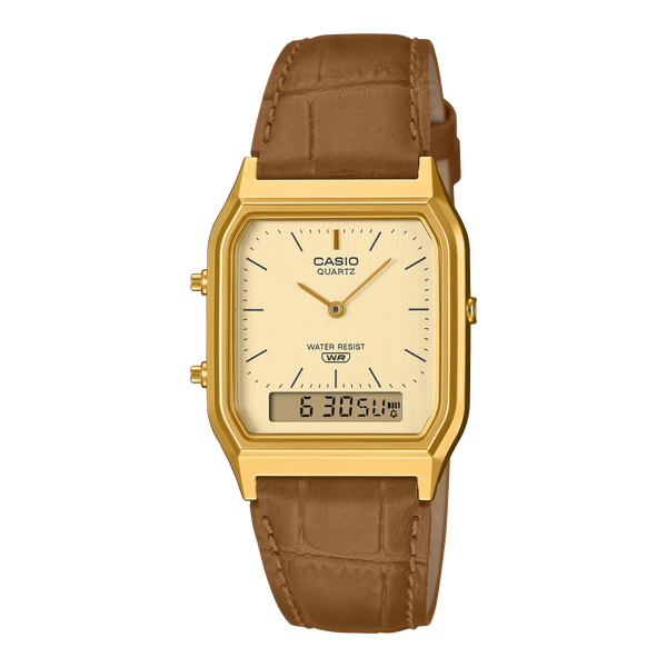 AQ-230 | RELOJ CASIO ORIGINAL DE CUERO DORADO/PLATEADO | CAS-112, CAS-113