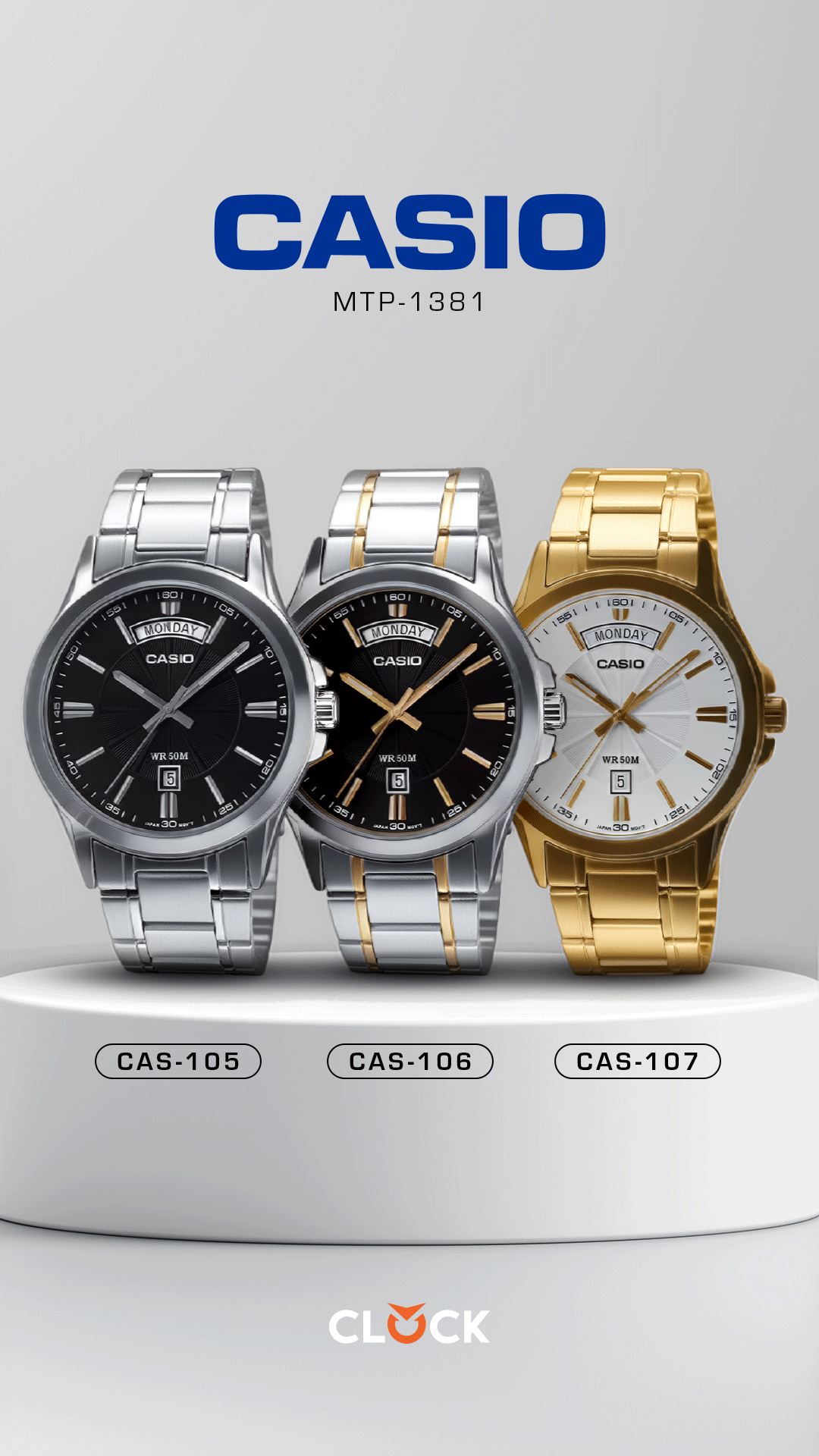MTP-1381D | RELOJ CASIO ORIGINAL DE ACERO DORADO/PLATEADO | CAS-105, CAS-106, CAS-107
