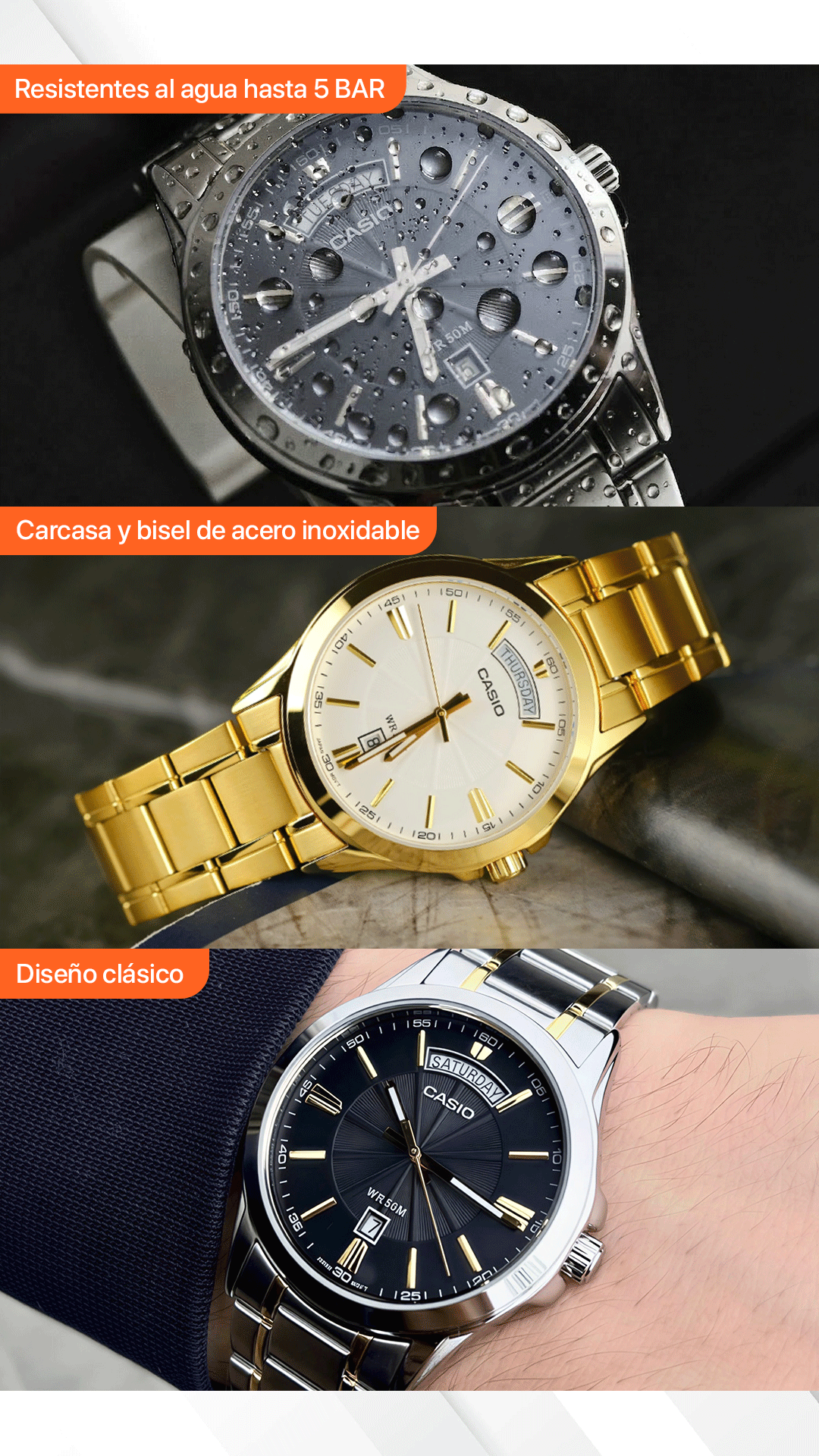 MTP-1381D | RELOJ CASIO ORIGINAL DE ACERO DORADO/PLATEADO | CAS-105, CAS-106, CAS-107