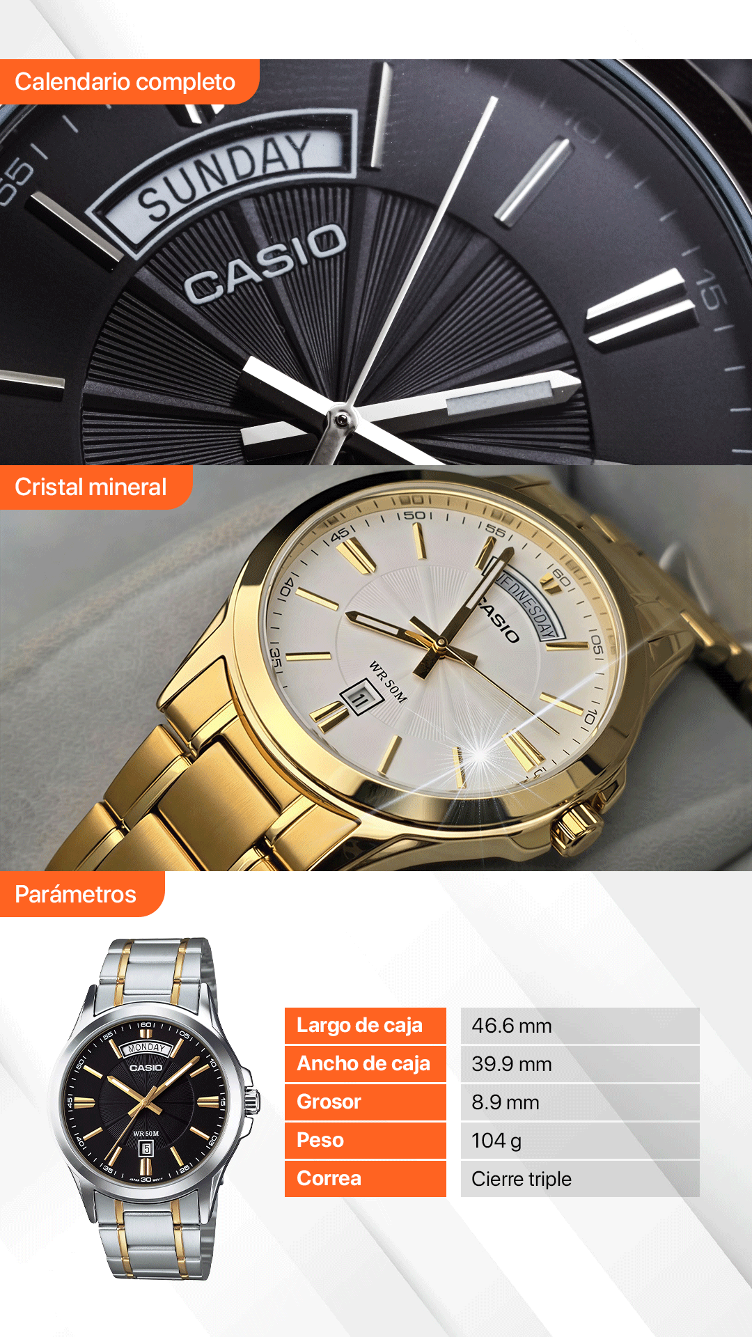 MTP-1381D | RELOJ CASIO ORIGINAL DE ACERO DORADO/PLATEADO | CAS-105, CAS-106, CAS-107