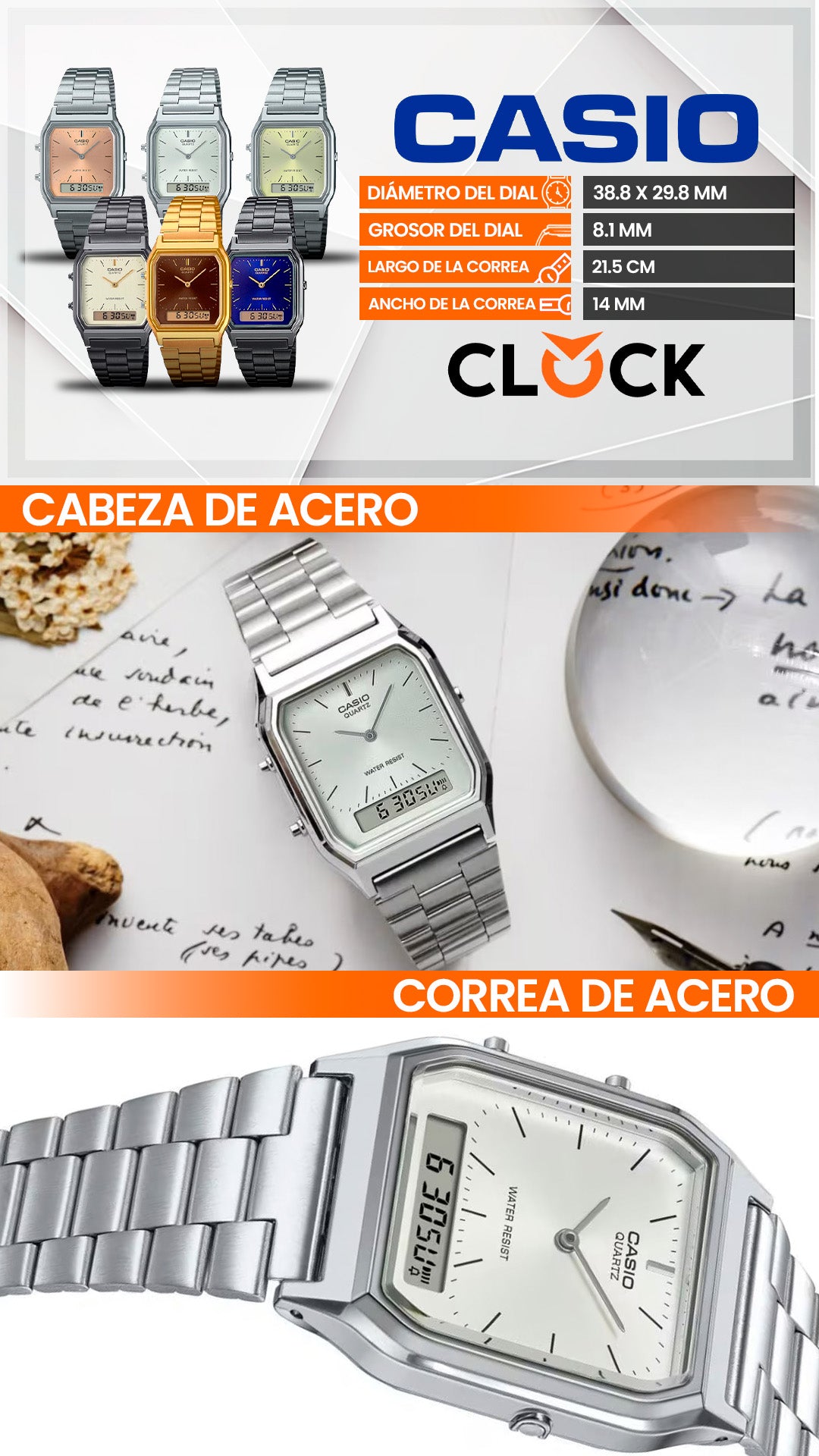 AQ-230 | RELOJ CASIO ORIGINAL DE ACERO PLATEADO AZUL CUARZO/DIGITAL | CAS-273, CAS-114, CAS-115, CAS-116, CAS-117, CAS-119