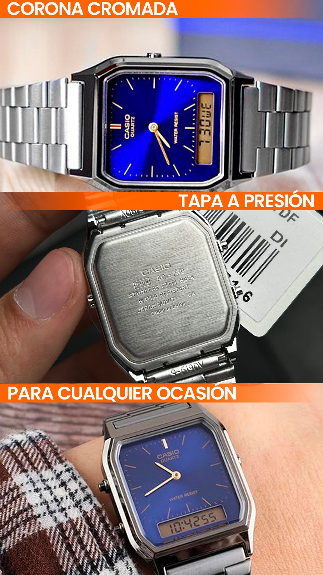 AQ-230 | RELOJ CASIO ORIGINAL DE ACERO PLATEADO AZUL CUARZO/DIGITAL | CAS-273, CAS-114, CAS-115, CAS-116, CAS-117, CAS-119