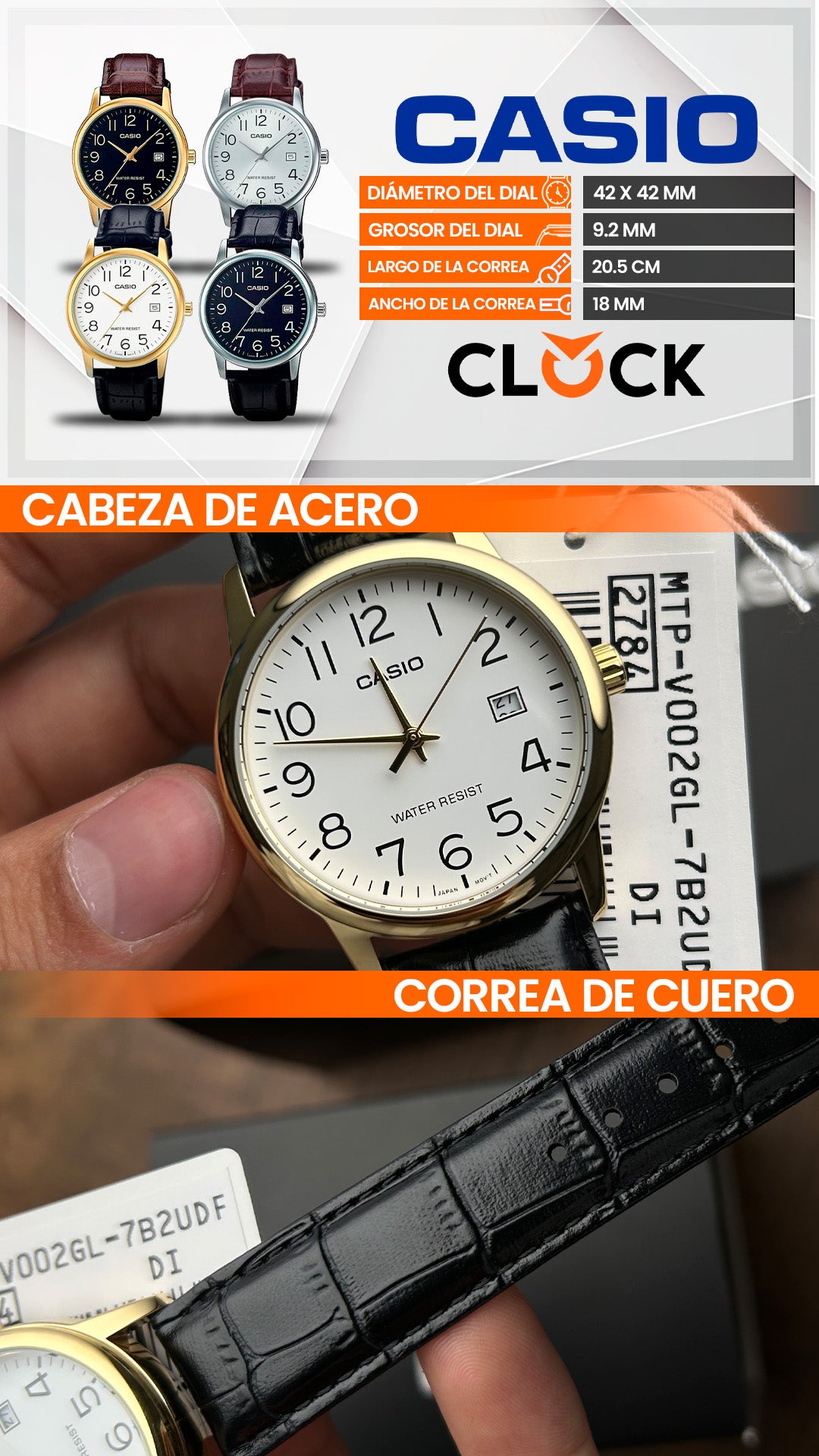 MTP-V002 | RELOJ CASIO ORIGINAL DE CUERO DORADO/PLATEADO