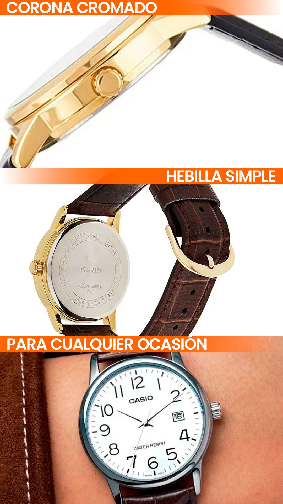MTP-V002 | RELOJ CASIO ORIGINAL DE CUERO DORADO/PLATEADO