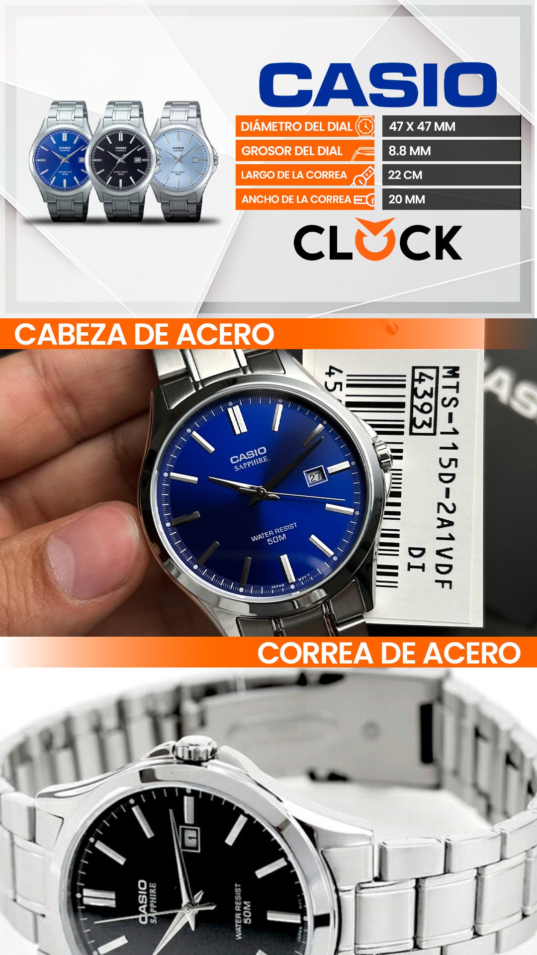 MTS-115D | RELOJ CASIO ORIGINAL DE ACERO PLATEADO | CAS-130, CAS-131, CAS-132