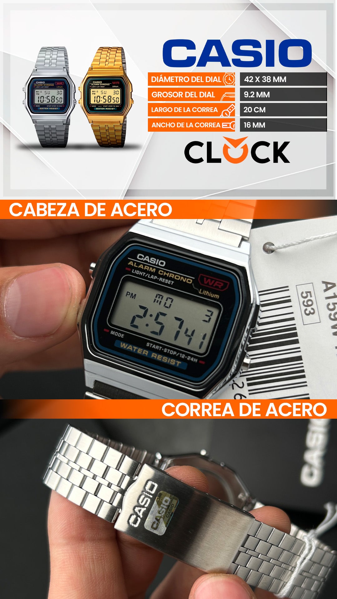 A159W | RELOJ VINTAGE CASIO ORIGINAL ACERO DORADO/PLATEADO | CAS-143, CAS-14