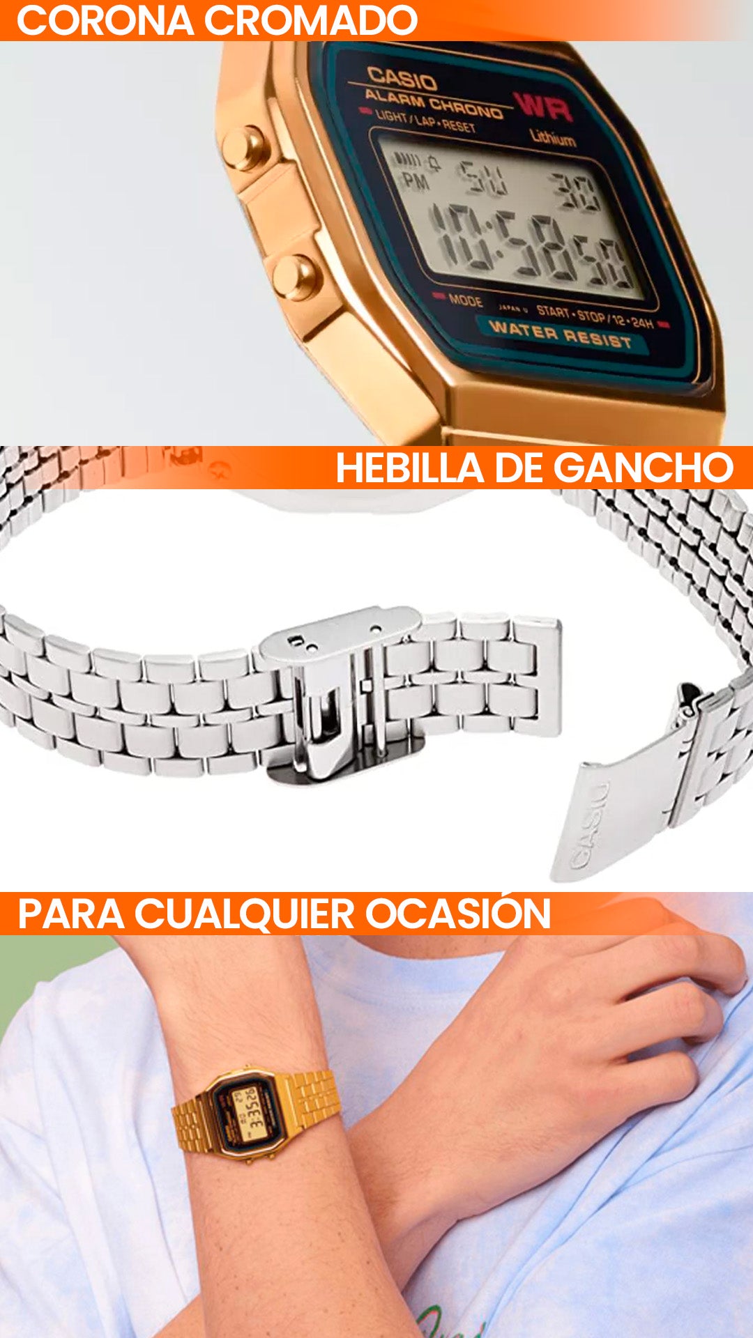 A159W | RELOJ VINTAGE CASIO ORIGINAL ACERO DORADO/PLATEADO | CAS-143, CAS-14