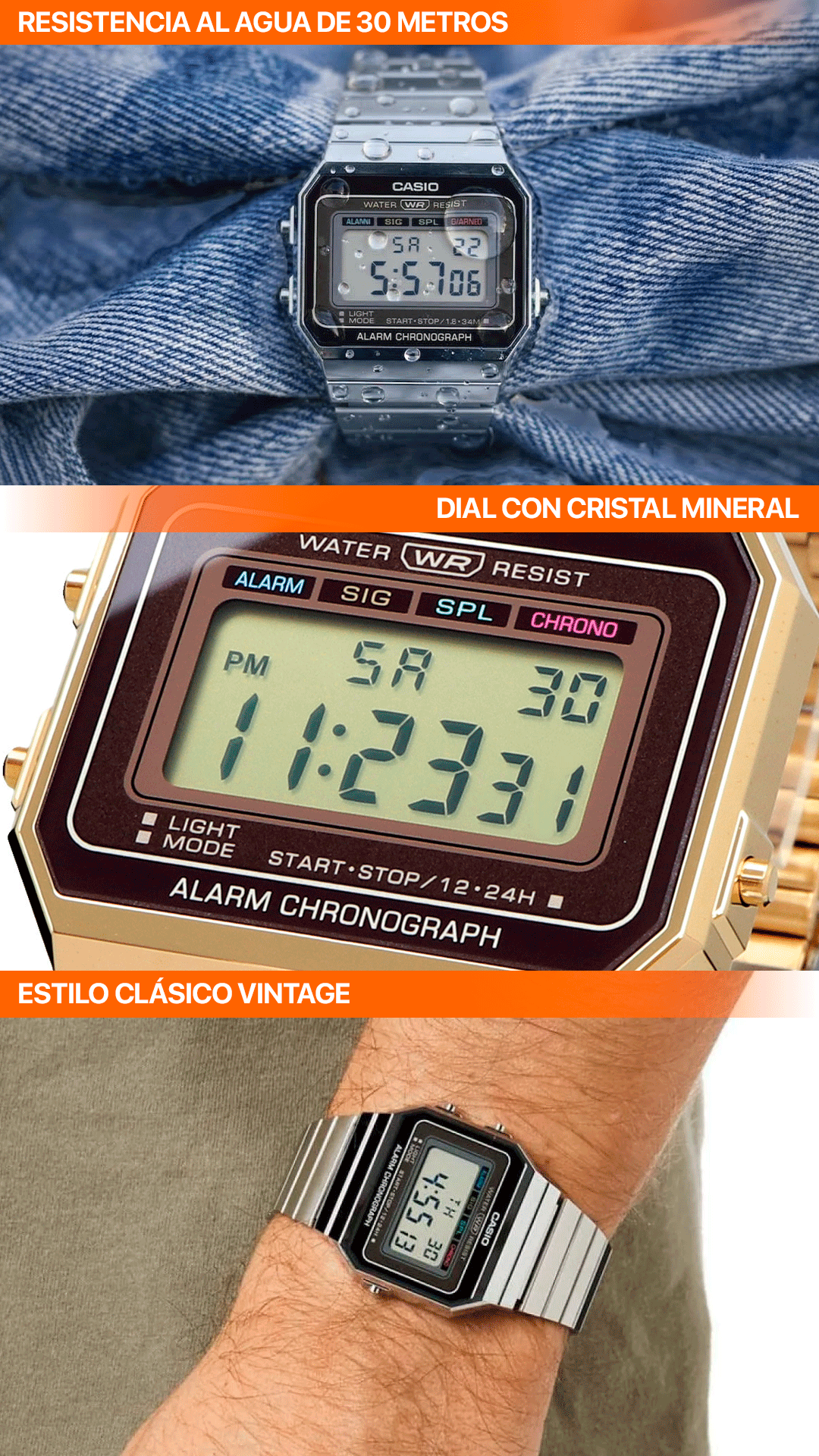 A700W | RELOJ CASIO ORIGINAL DE ACERO DORADO / PLATEADO | CAS-144, CAS-145