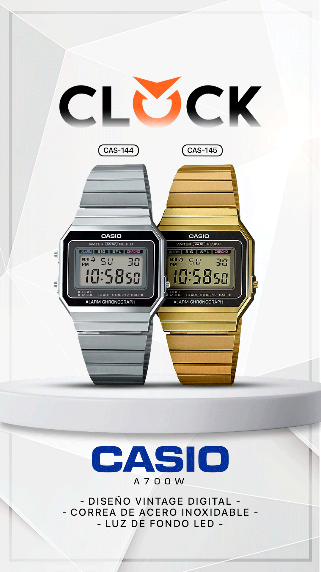 A700W | RELOJ CASIO ORIGINAL DE ACERO DORADO / PLATEADO | CAS-144, CAS-145