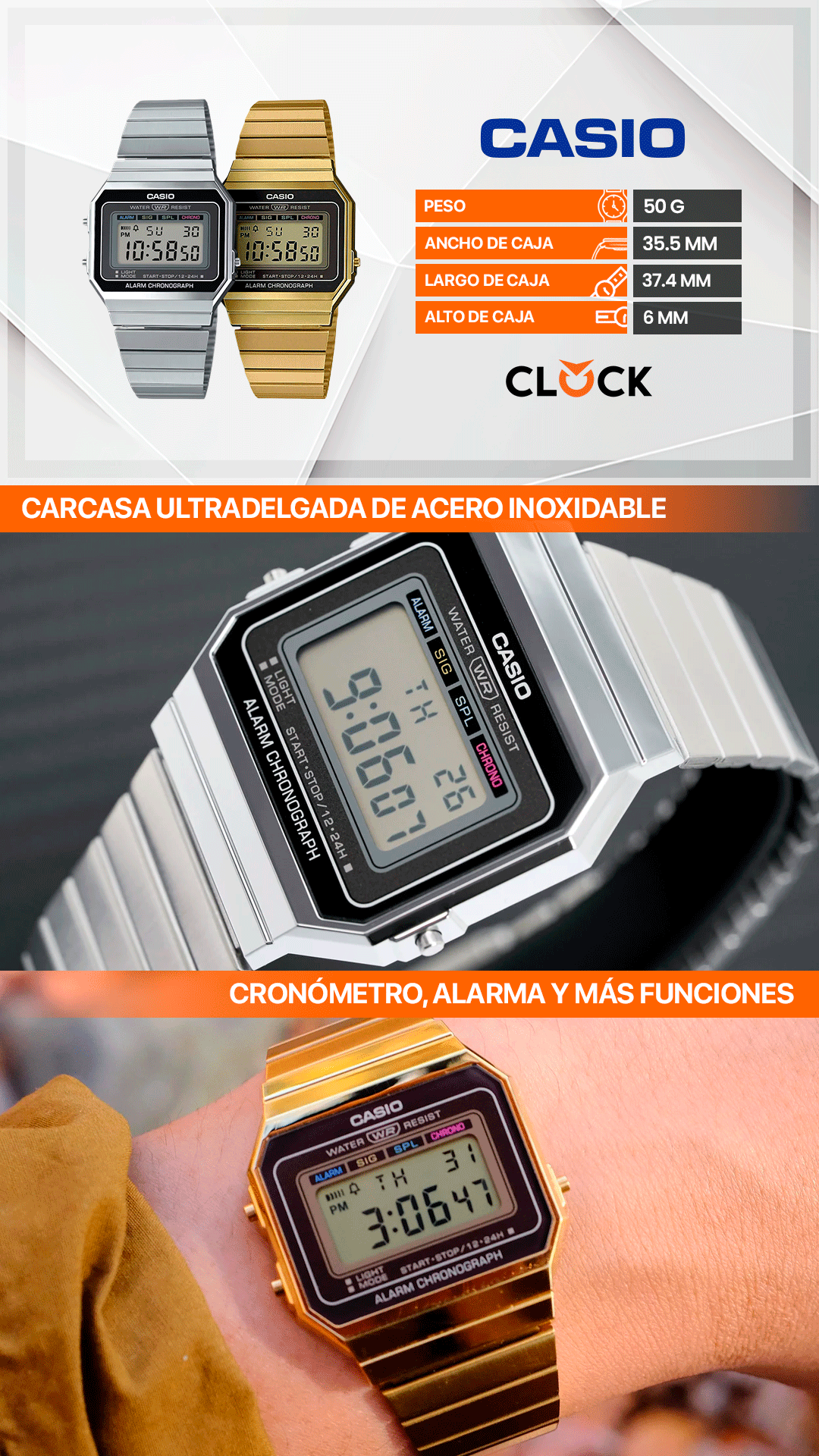 A700W | RELOJ CASIO ORIGINAL DE ACERO DORADO / PLATEADO | CAS-144, CAS-145