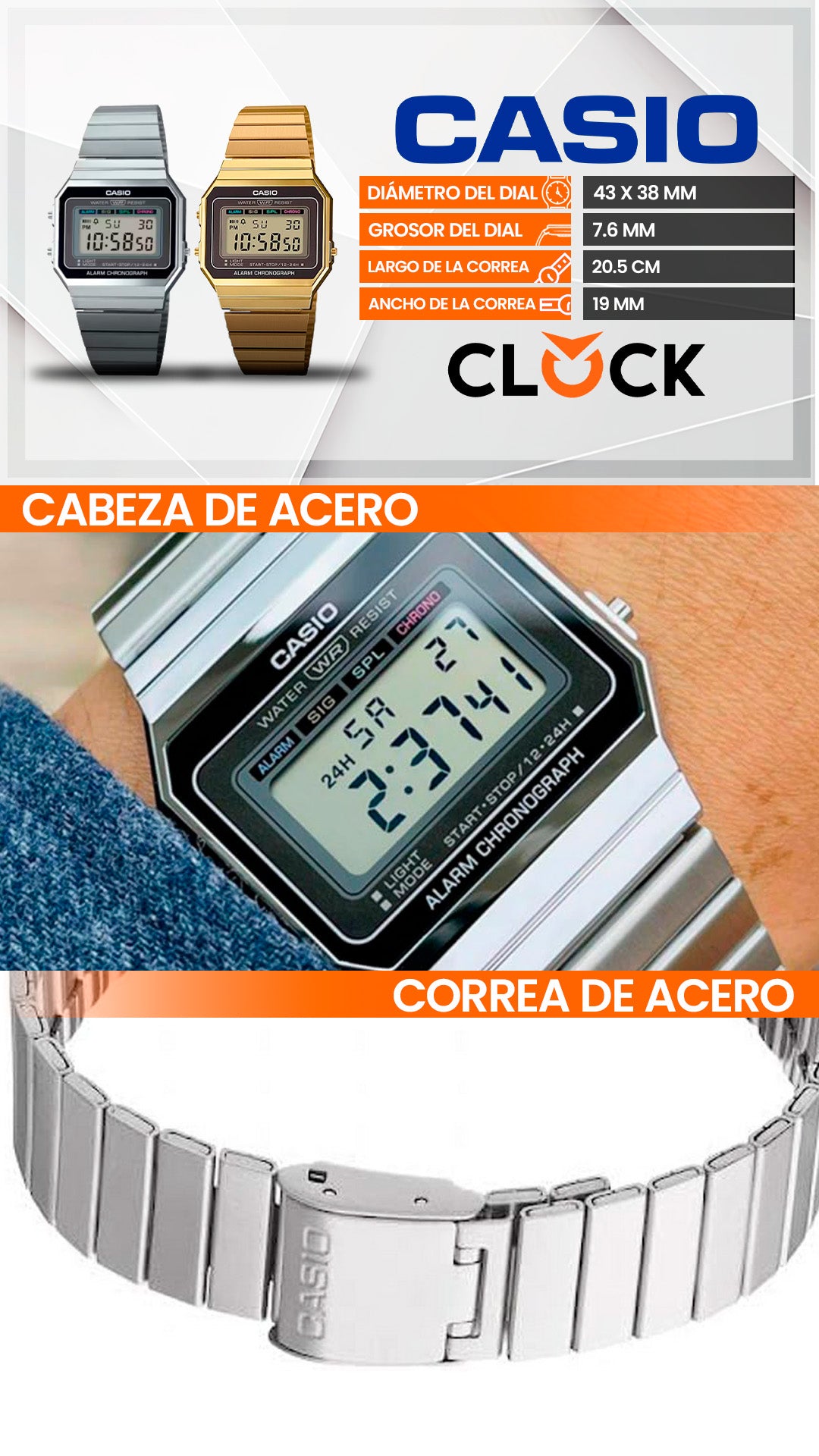 A700W | RELOJ CASIO ORIGINAL DE ACERO DORADO / PLATEADO | CAS-144, CAS-145
