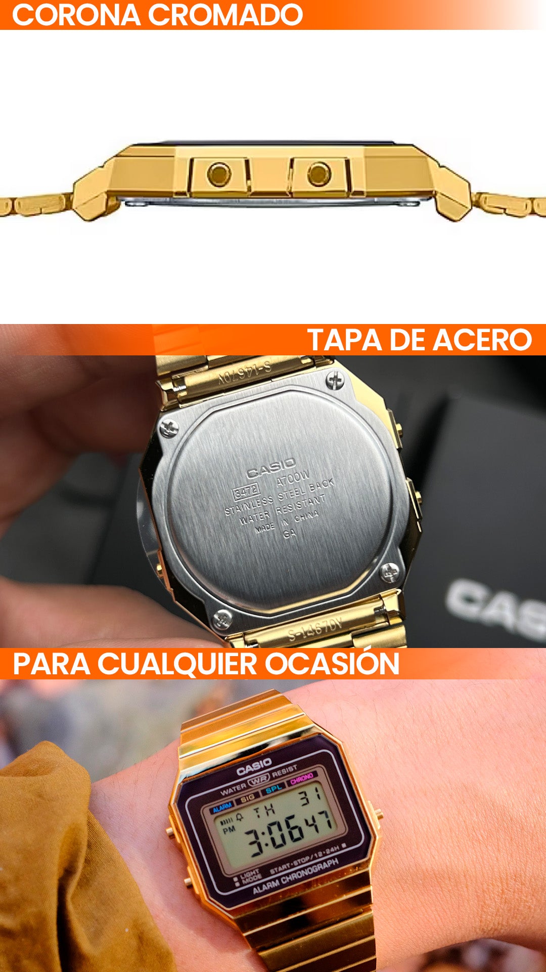 A700W | RELOJ CASIO ORIGINAL DE ACERO DORADO / PLATEADO | CAS-144, CAS-145
