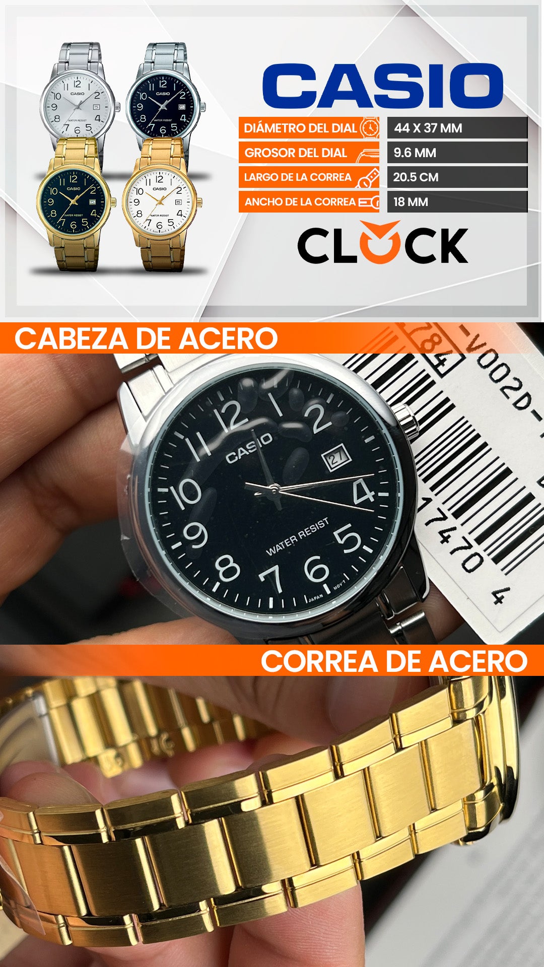 MTP-V002 | RELOJ CASIO ORIGINAL DE ACERO DORADO/PLATEADO