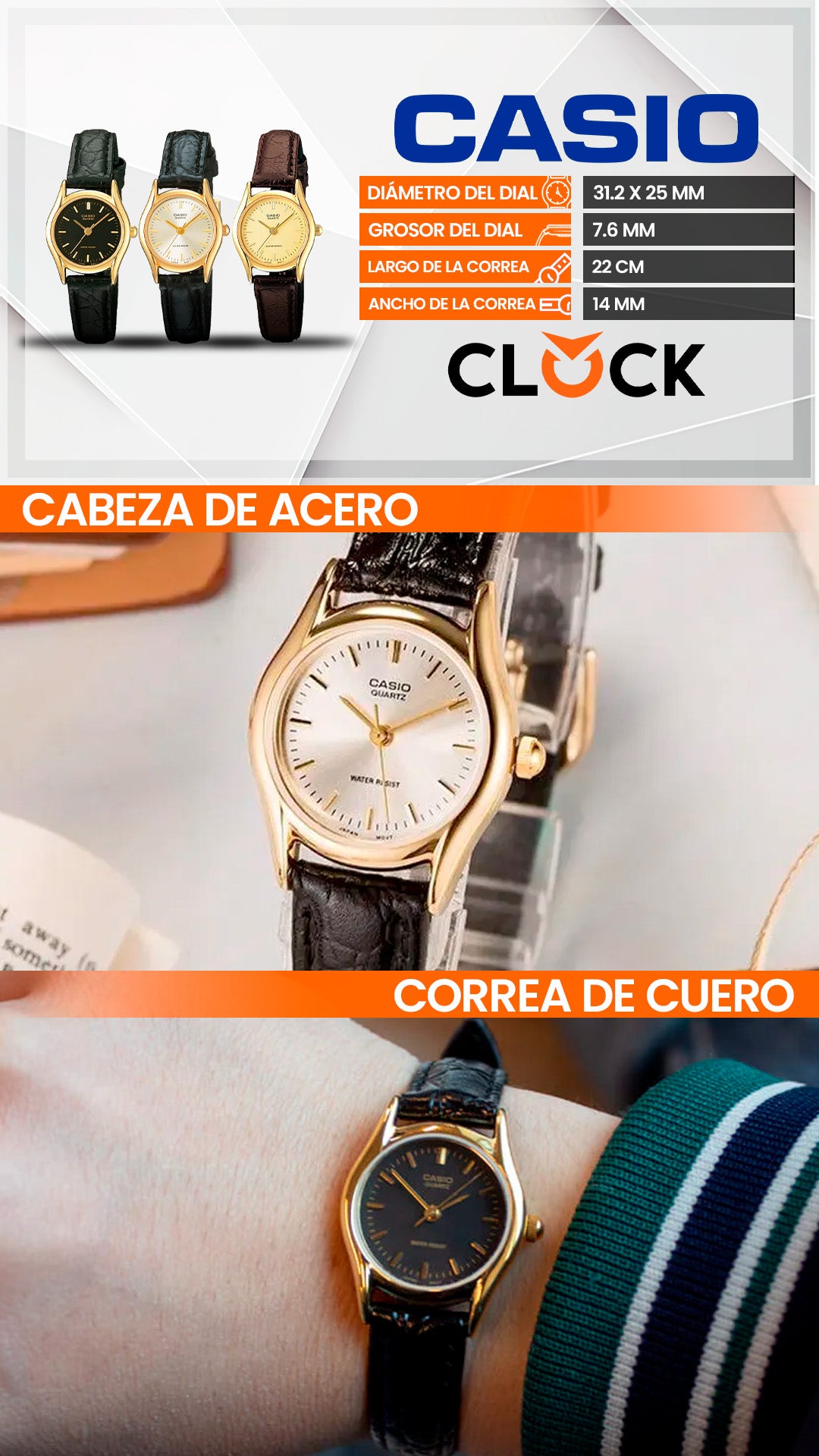 LTP-1094 | RELOJ CASIO ORIGINAL DE CUERO DORADO | CAS-173, CAS-174, CAS-175