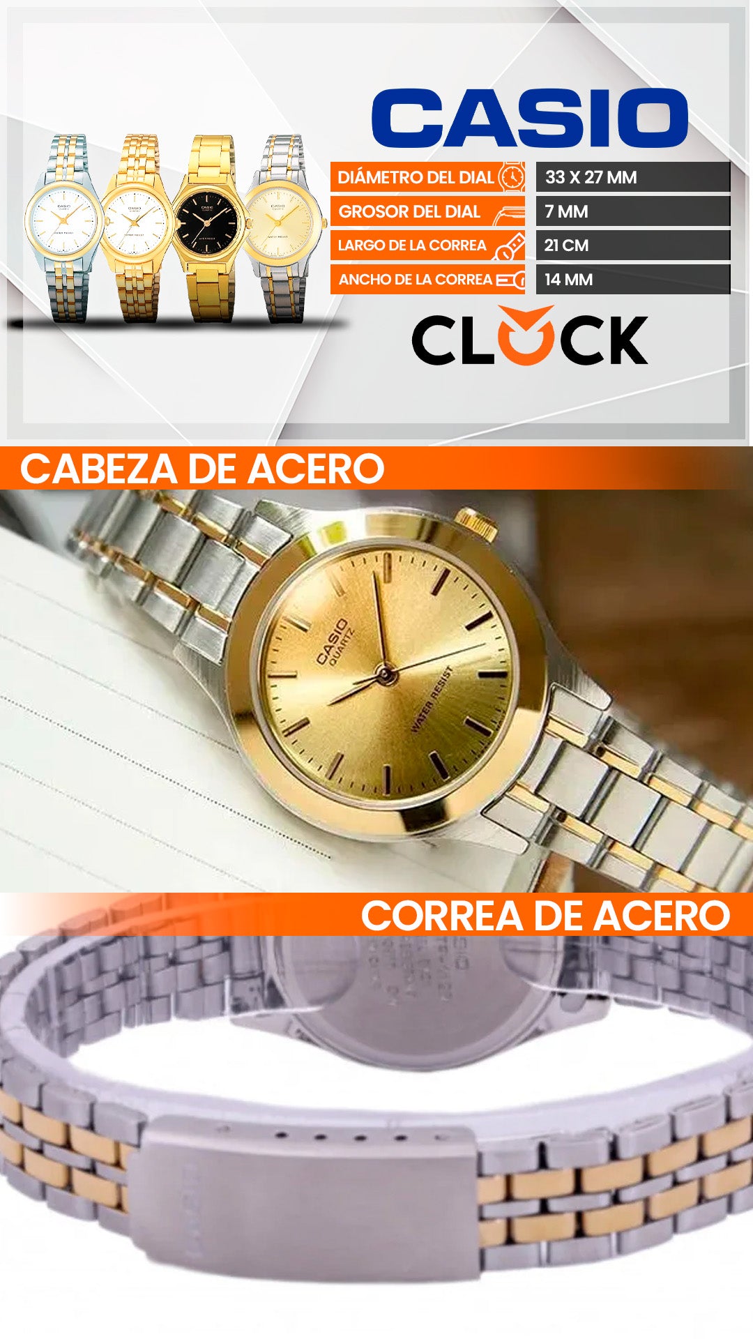 LTP-1128/1129/1130| RELOJ CASIO ORIGINAL DE ACERO DORADO/PLATEADO