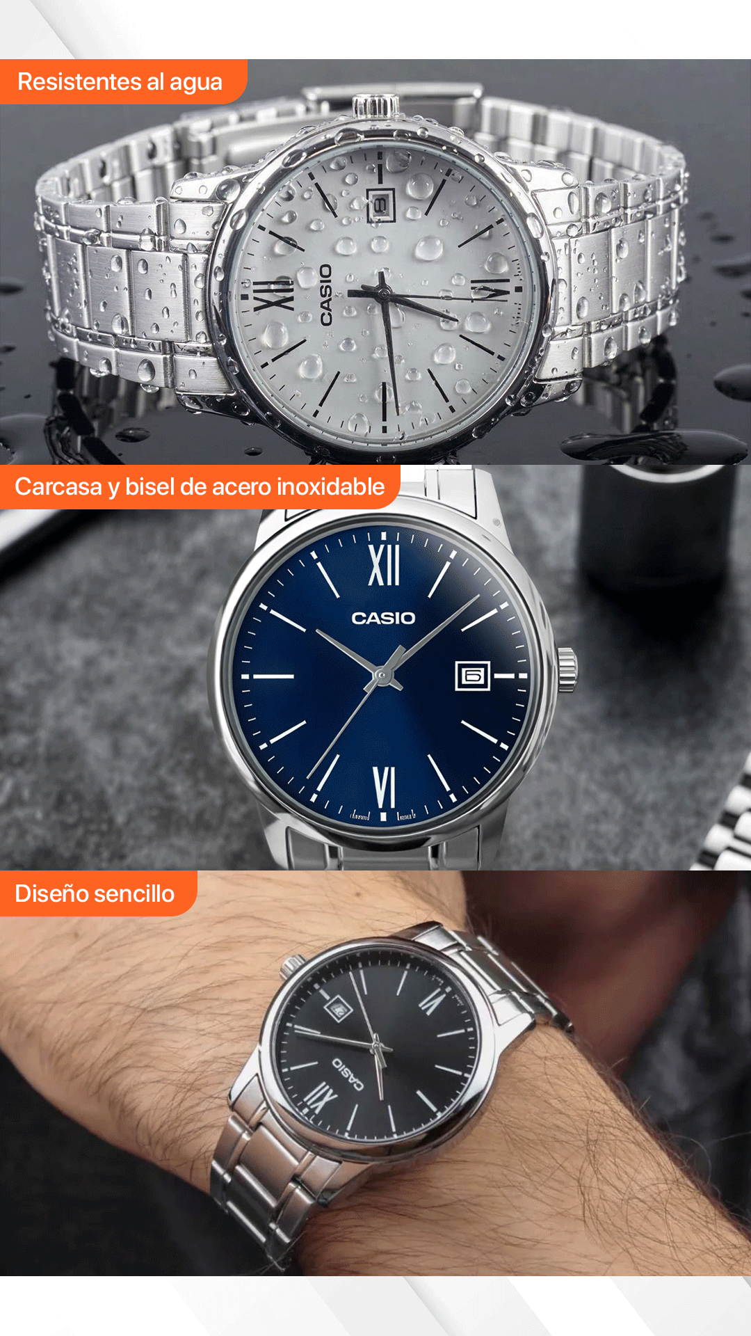 MTP-V002 | RELOJ CASIO ORIGINAL DE ACERO PLATEADO | CAS-17, CAS-83, CAS-84
