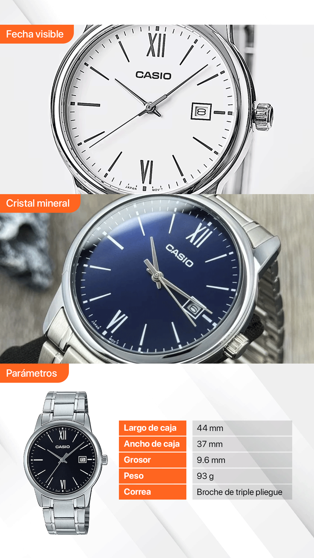 MTP-V002 | RELOJ CASIO ORIGINAL DE ACERO PLATEADO | CAS-17, CAS-83, CAS-84