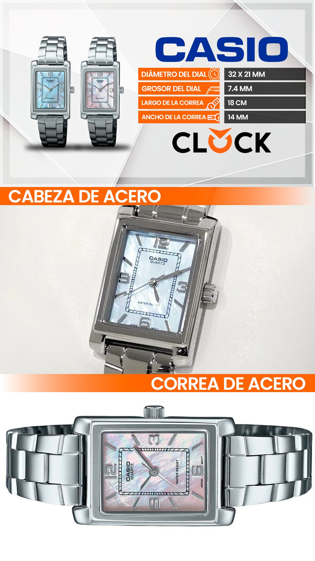 LTP-1234 | RELOJ CASIO ORIGINAL DE ACERO PLATEADO | CAS-185, CAS-186