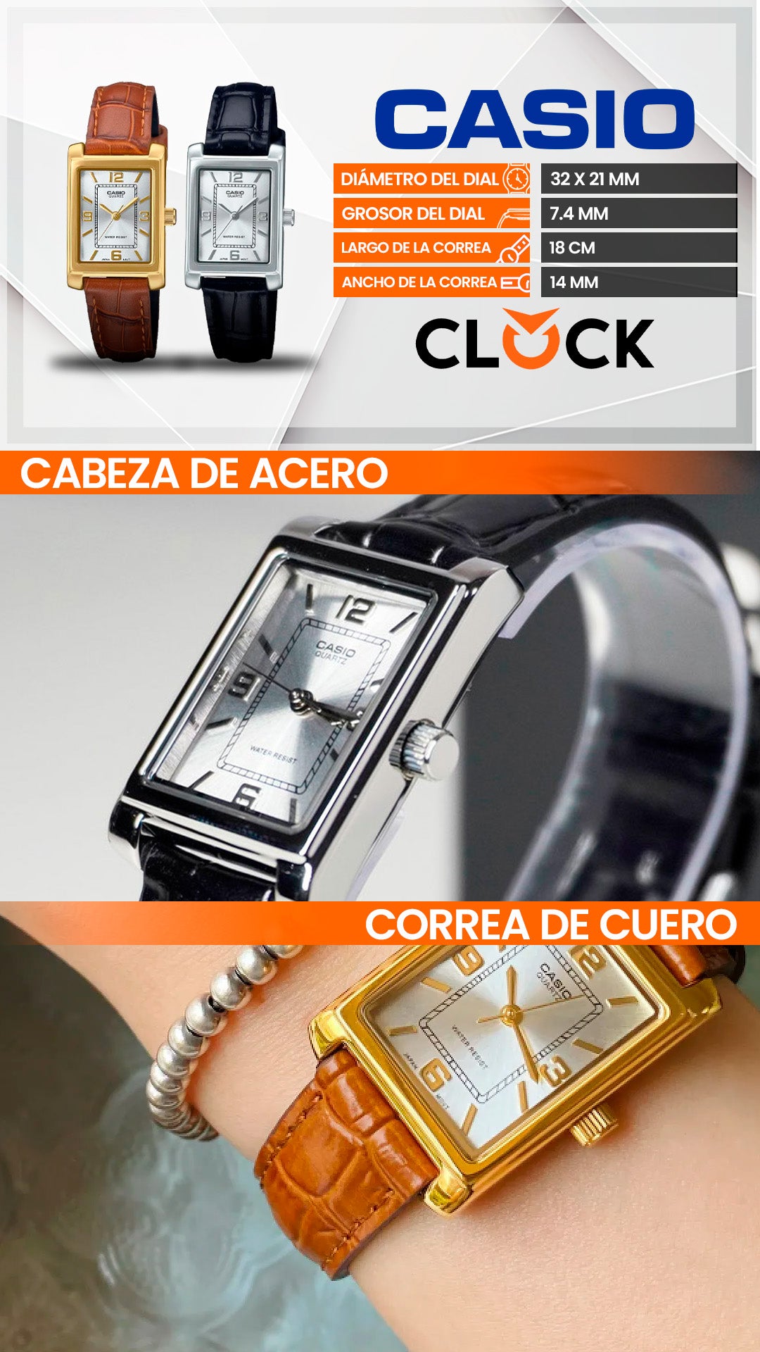 LTP-1234 | RELOJES CASIO ORIGINAL DE CUERO DORADO/PLATEADO | CAS-188, CAS-189