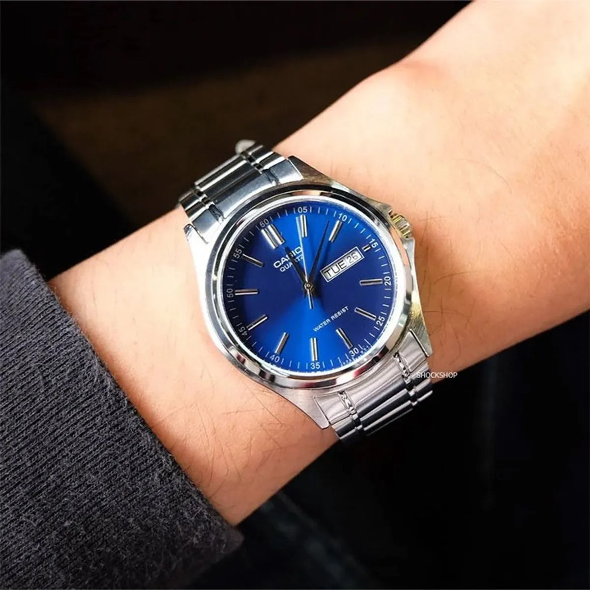 MTP-1183 | RELOJ CASIO ORIGINAL DE ACERO NEGRO/AZUL | CAS-221, CAS-222