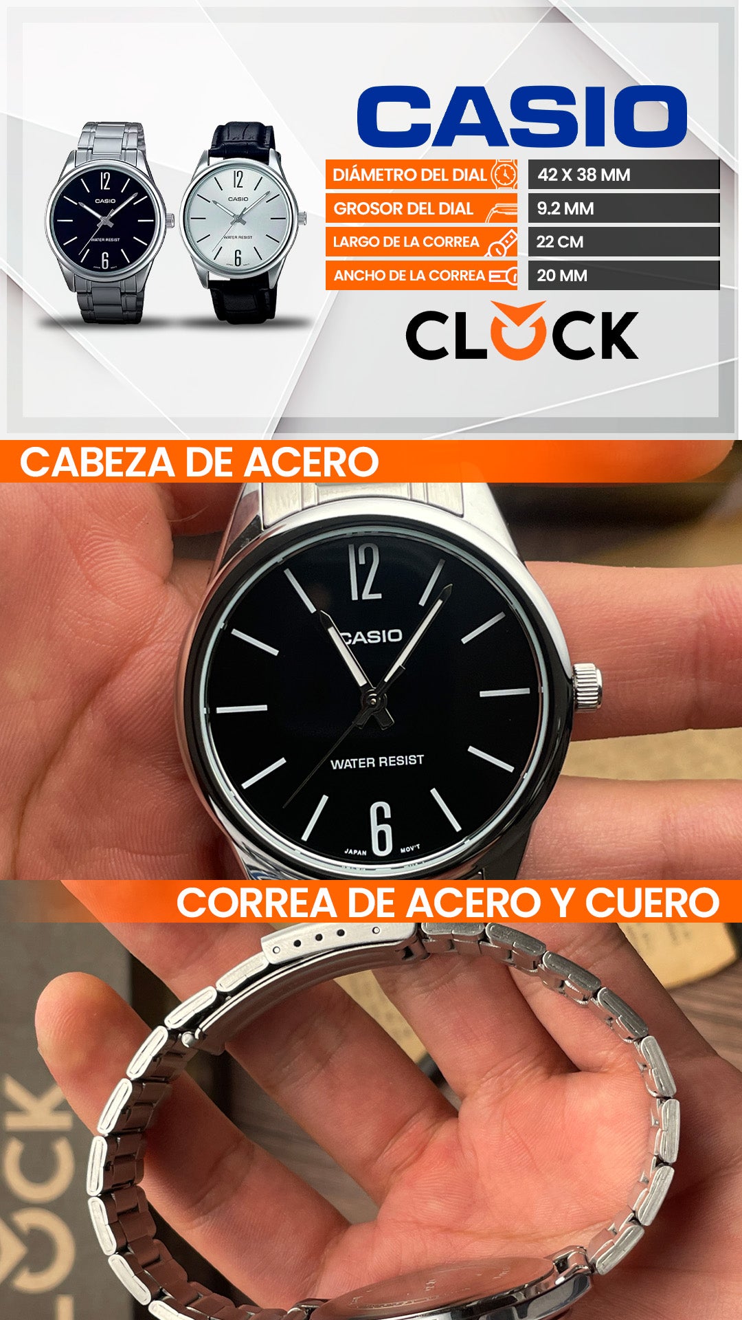 MTP-V005 | RELOJ CASIO ORIGINAL DE ACERO PLATEADO | CAS-235, CAS-236