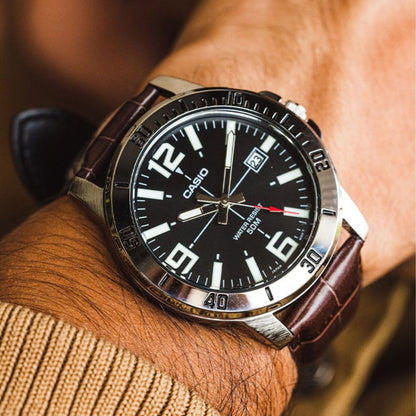 MTP-VD01 | RELOJ CASIO ORIGINAL DE ACERO/CUERO PLATEADO