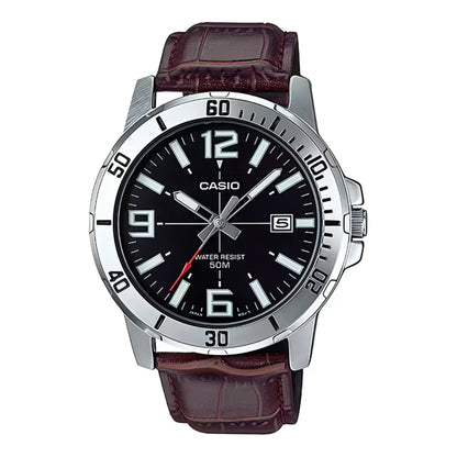MTP-VD01 | RELOJ CASIO ORIGINAL DE ACERO/CUERO PLATEADO