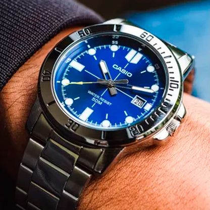 MTP-VD01 | RELOJ CASIO ORIGINAL DE ACERO/CUERO PLATEADO