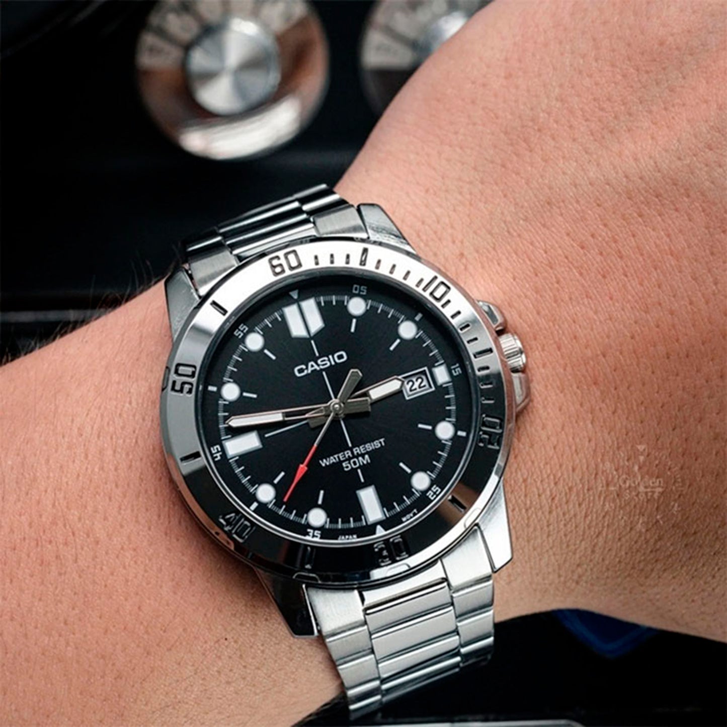 MTP-VD01 | RELOJ CASIO ORIGINAL DE ACERO/CUERO PLATEADO