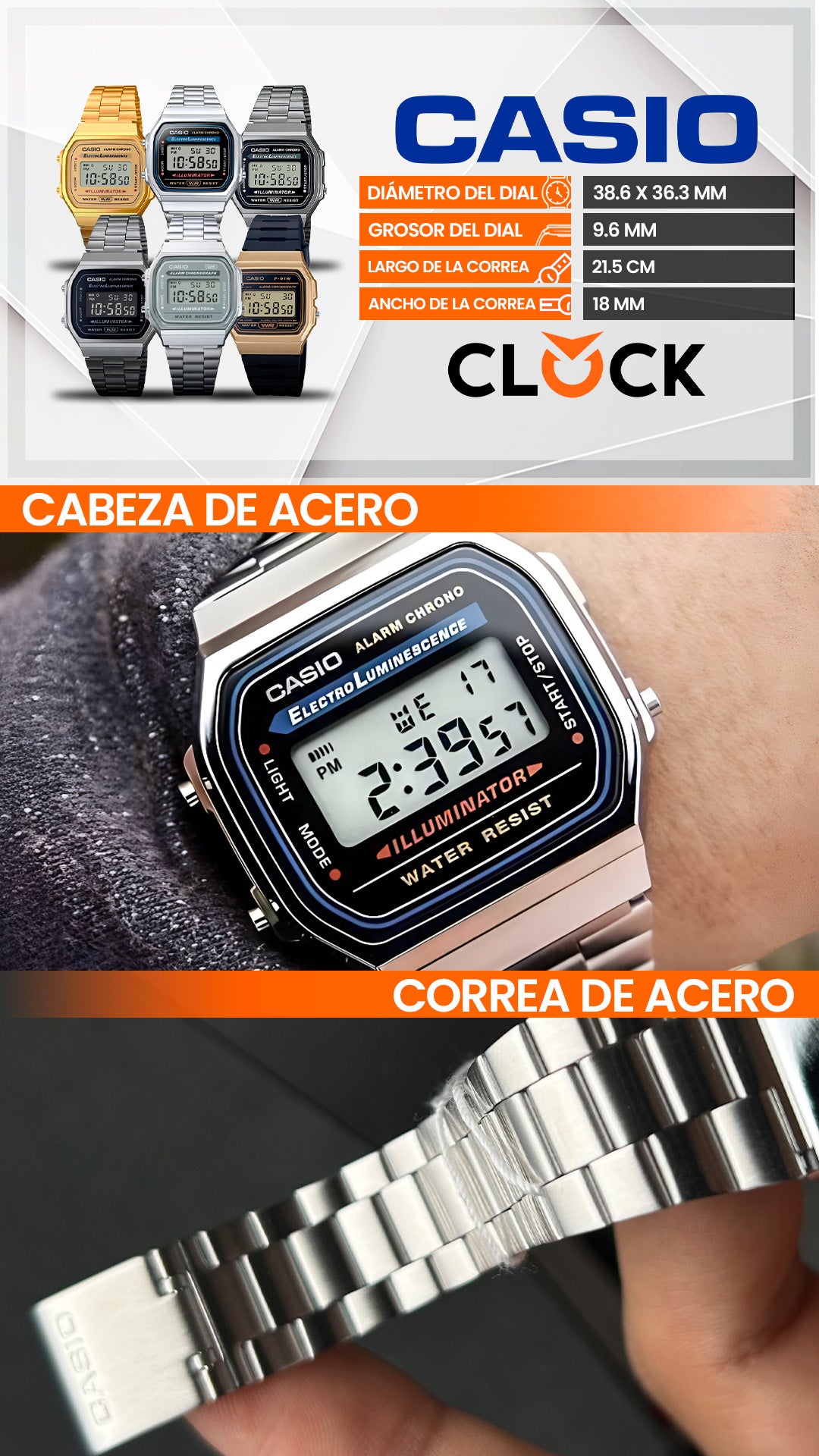 A168 | RELOJ CASIO ORIGINAL DE ACERO INOXIDABLE DIGITAL | CAS-272, CAS-146, CAS-149, CAS-148, CAS-150, CAS-147