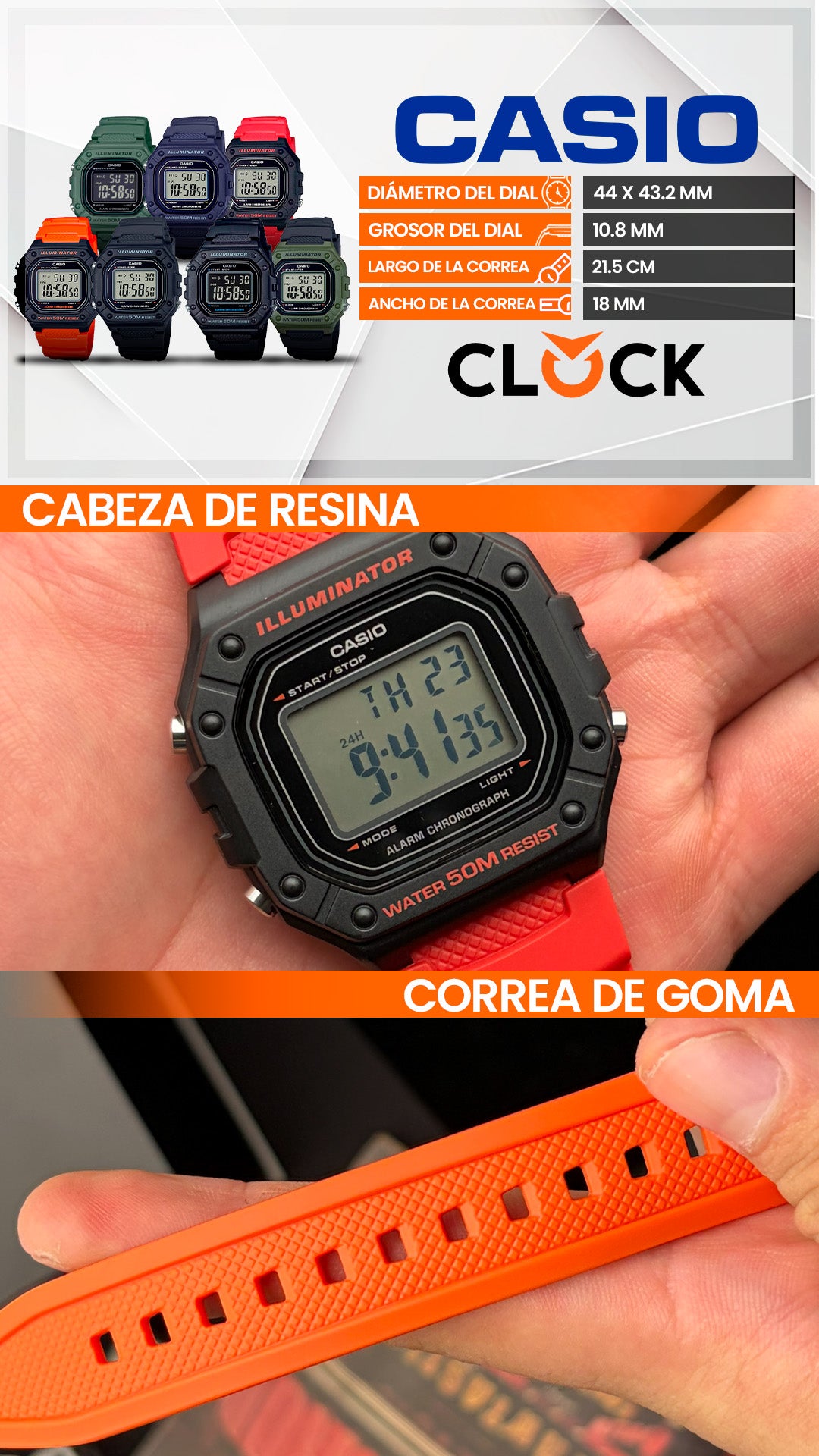 W-218H | RELOJ CASIO ORIGINAL DE GOMA DIGITAL | CAS-276, CAS-277, CAS-278, CAS-8, CAS-219, CAS-9