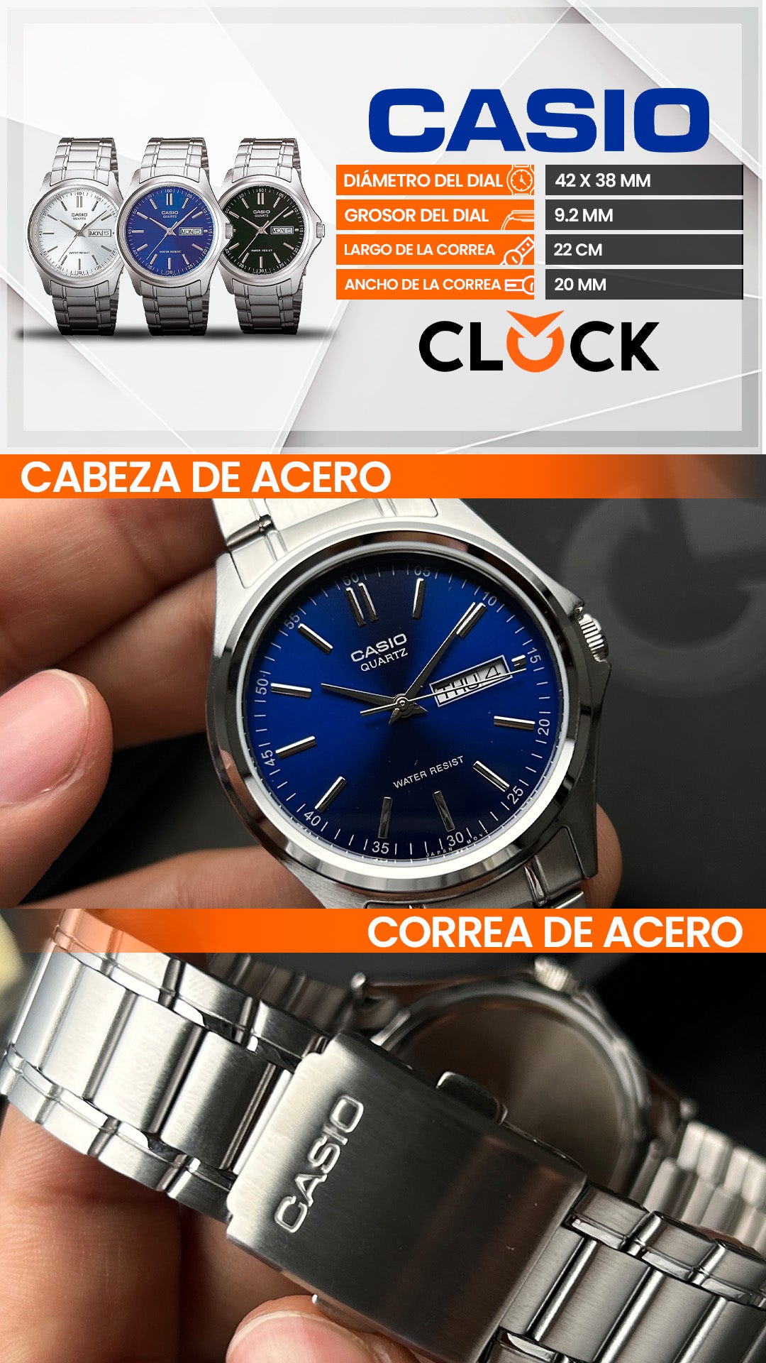 MTP-1239D | RELOJ CASIO ORIGINAL DE ACERO PLATEADO | CAS-55, CAS-56, CAS-57