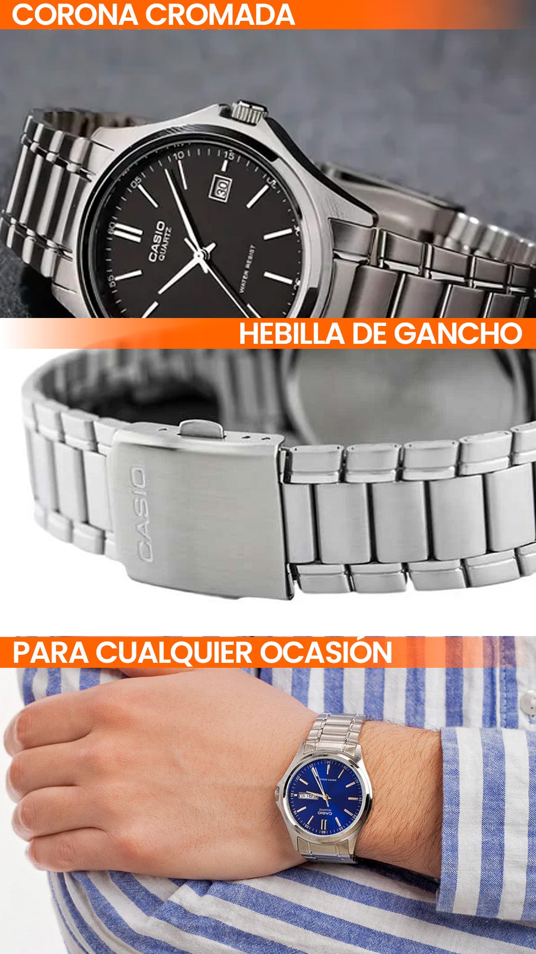 MTP-1239D | RELOJ CASIO ORIGINAL DE ACERO PLATEADO | CAS-55, CAS-56, CAS-57