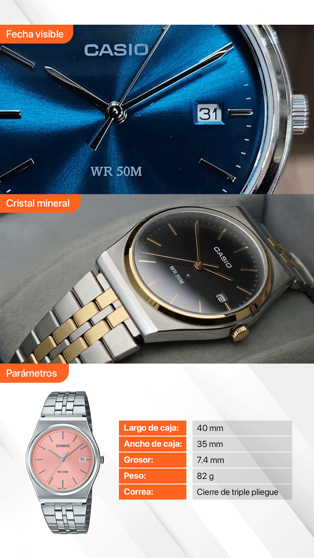 MTP-B145D | RELOJ CASIO ORIGINAL DE ACERO DORADO/PLATEADO