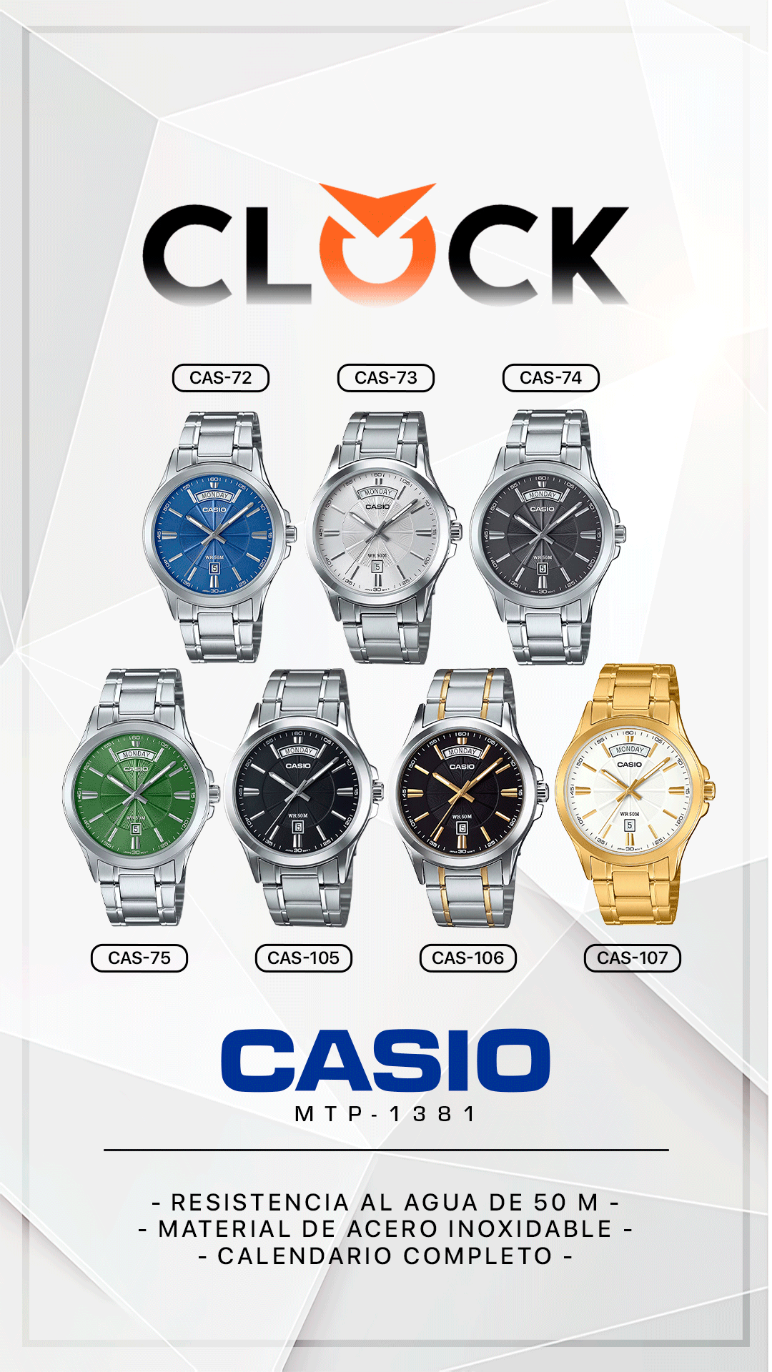 MTP-1381 | RELOJ CASIO ORIGINAL DE ACERO PLATEADO | CAS-75