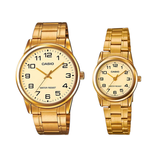RELOJ CASIO ORIGINAL DE ACERO PARA PAREJA DE COLOR DORADO | CAS-21, CAS-201
