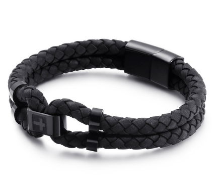 BRAZALETE DE CUERO GENUINO NEGRO DE DOBLE CAPA PARA HOMBRE  |  BRA-32