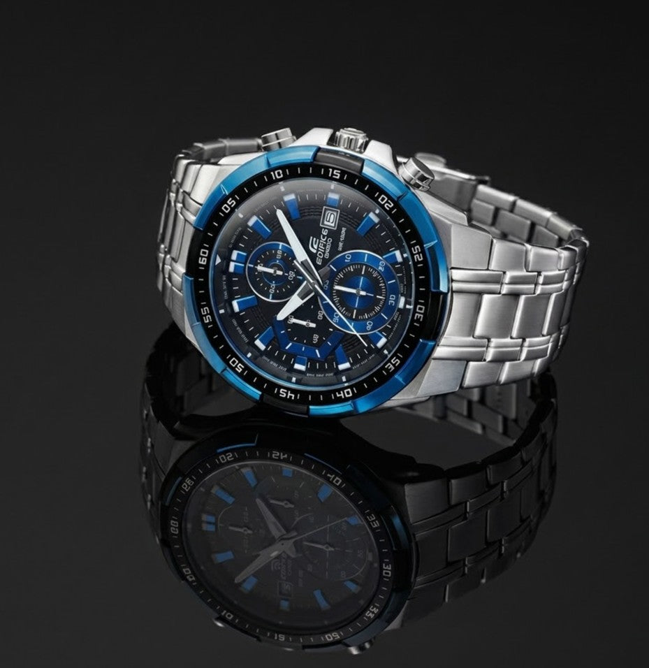 EF-539D | RELOJ CASIO EDIFICE ORIGINAL ACERO NEGRO AZUL | EDI-OG-17, EDI-OG-18