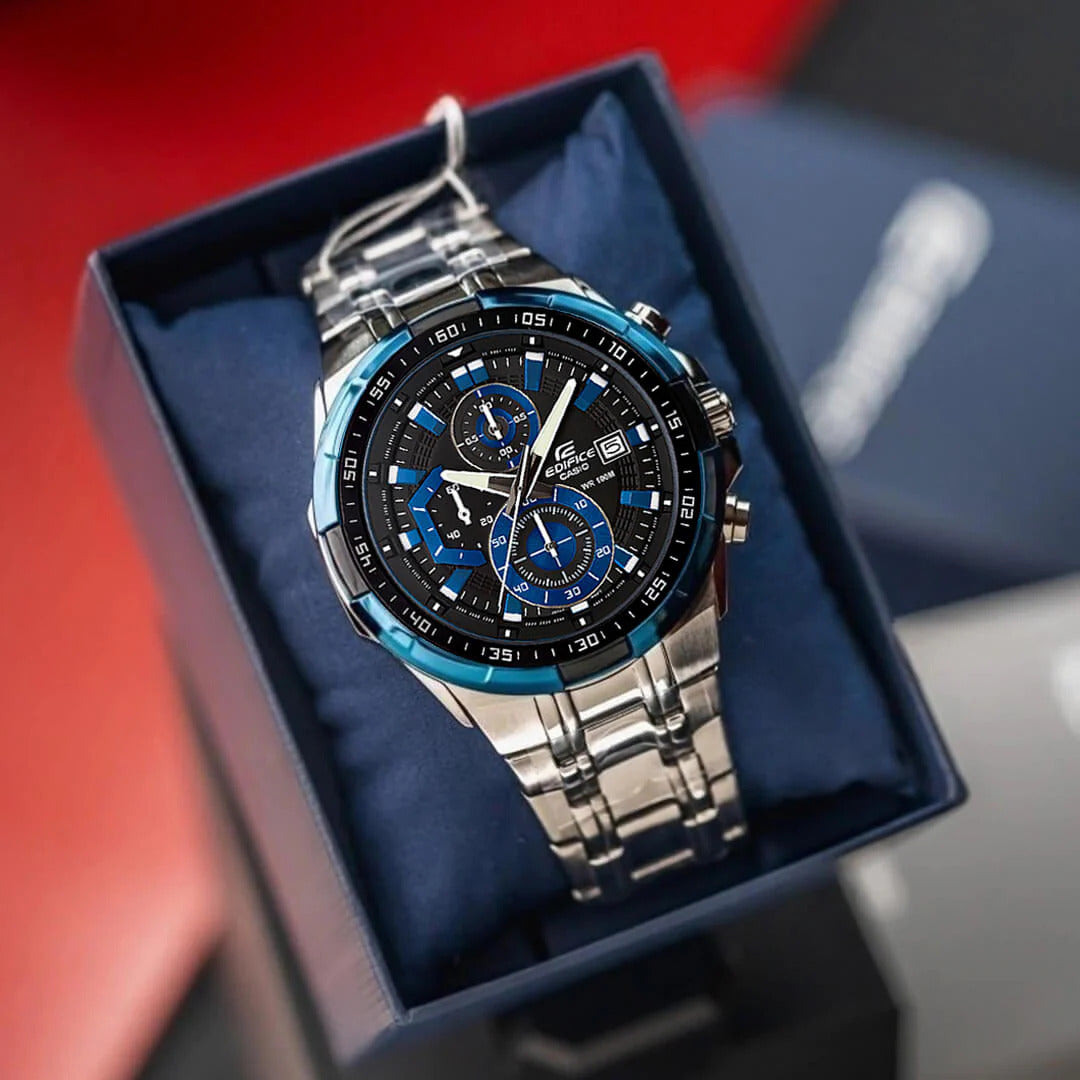 EFR-539 | RELOJ CASIO EDIFICE ORIGINAL ACERO CUERO AZUL NEGRO PLATEADO | EDI-OG-30, EDI-OG-31, EDI-OG-2