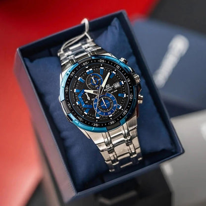 EFR-539 | RELOJ CASIO EDIFICE ORIGINAL ACERO CUERO AZUL NEGRO PLATEADO | EDI-OG-30, EDI-OG-31, EDI-OG-2