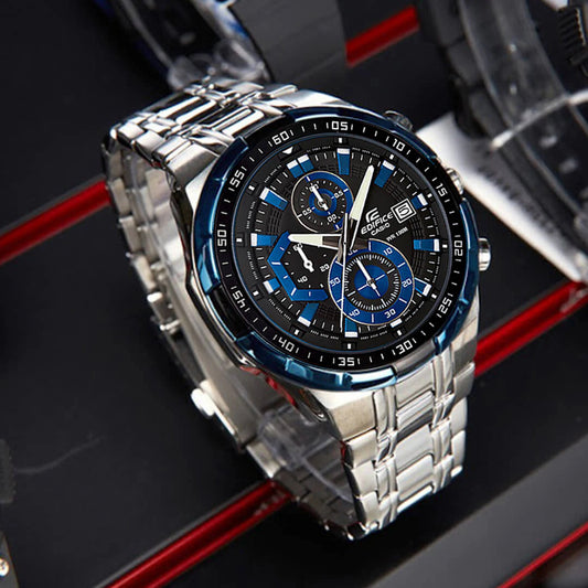 EFR-539 | RELOJ CASIO EDIFICE ORIGINAL ACERO CUERO AZUL NEGRO PLATEADO | EDI-OG-30, EDI-OG-31, EDI-OG-2