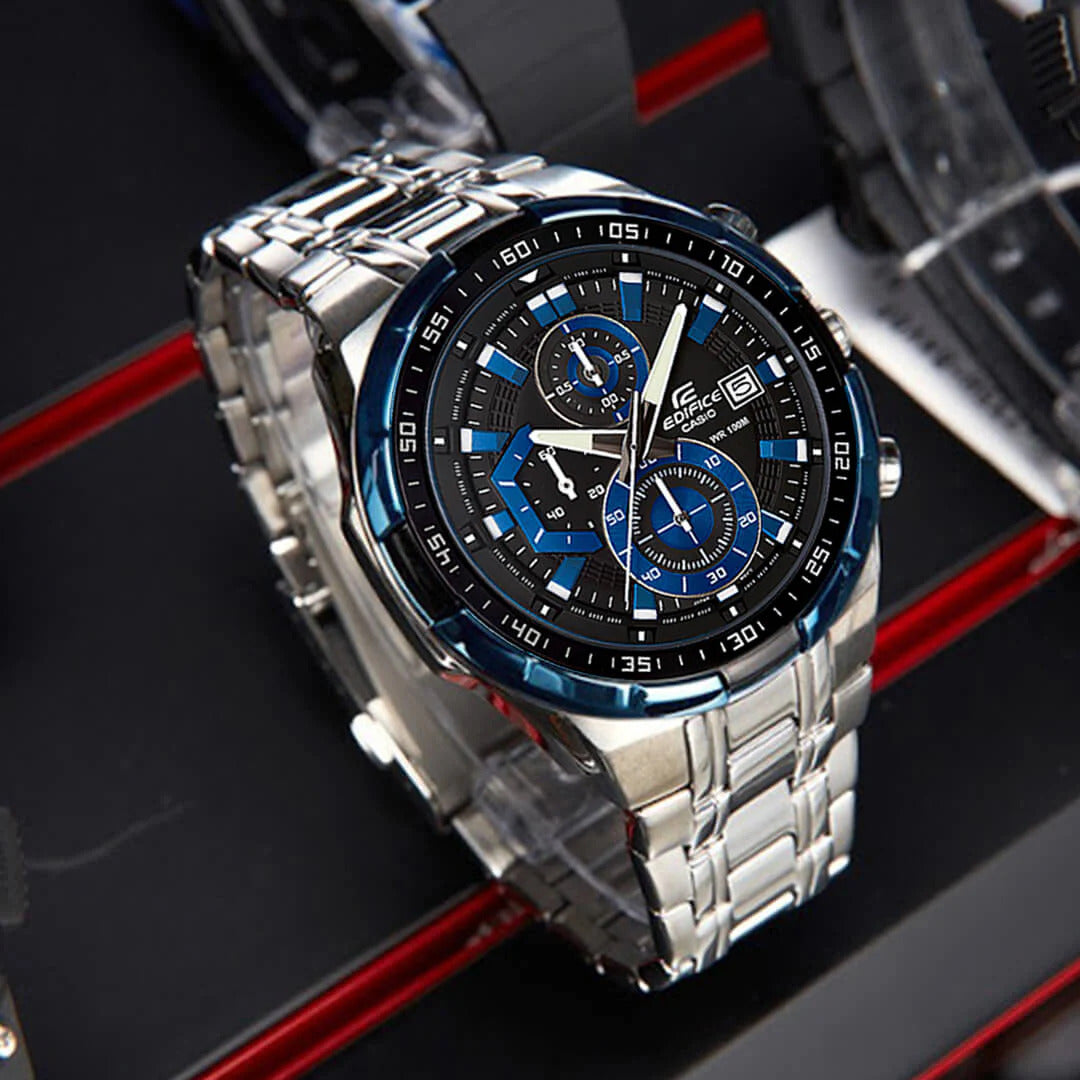 EFR-539 | RELOJ CASIO EDIFICE ORIGINAL ACERO CUERO AZUL NEGRO PLATEADO | EDI-OG-30, EDI-OG-31, EDI-OG-2