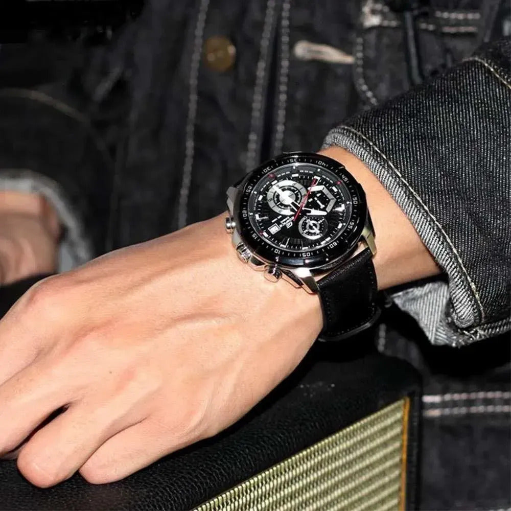 EFR-539 | RELOJ CASIO EDIFICE ORIGINAL ACERO CUERO AZUL NEGRO PLATEADO | EDI-OG-30, EDI-OG-31, EDI-OG-2