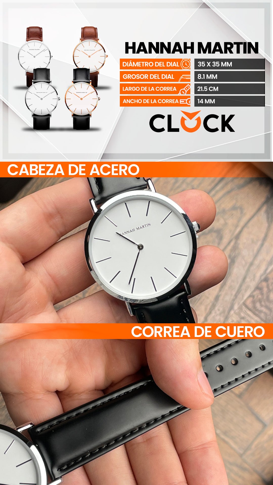 RELOJ ORGINAL HANNAH MARTIN HM-CB01 - ELEGANTE Y CASUAL NEGRO/MARRON | HAN-144, HAN-145, HAN-146